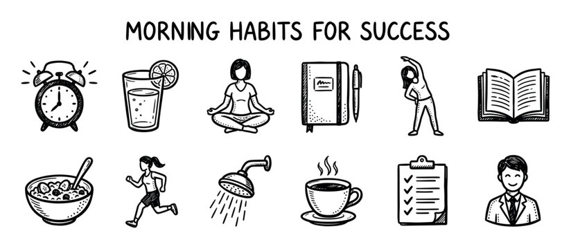 Hand-drawn doodle icon set illustrating morning habits for success, featuring exercise, meditation, journaling, and a healthy breakfast, in a simple black and white sketch style isolated on white