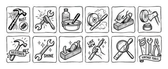 Fototapeta premium Set of hand-drawn tool restoration icons showing the process of cleaning, sharpening, and polishing old vintage equipment like hammers and wrenches, isolated on white background