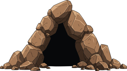 Flat vector illustration of a dark stone cave entrance with brown boulders and rocky mountain landscape isolated on white background © NURUL