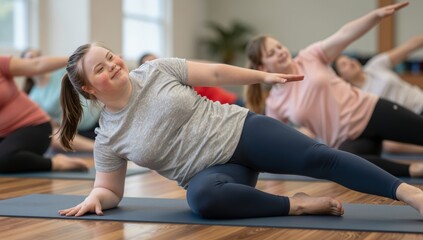 Naklejka premium A young woman with Down syndrome participates in a yoga class with others
