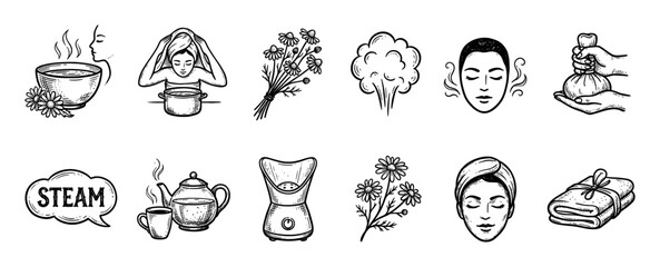 Hand drawn spa and facial steaming icons set in a vintage sketch style showing chamomile tea, a steamer, and skincare treatments isolated on a white background