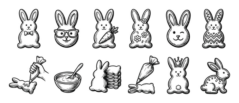 Hand-drawn Easter bunny gingerbread cookies set in a vintage sketch style, showing the process of decorating with icing and a piping bag, isolated on a white background