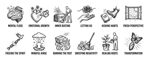 Fototapeta premium Collection of twelve hand-drawn icons representing mental health and self-improvement concepts, including transformation, letting go, and mindfulness, in a black and white sketch style