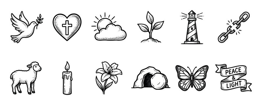 Collection of twelve Christian religious icons hand-drawn in a vintage engraving style, featuring a dove, lamb, and empty tomb for Easter, isolated on a white background