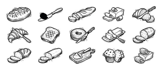 Hand drawn bakery and dairy product icons set with bread, butter, croissant, and muffin in a vintage sketch style, isolated on a white background for food design
