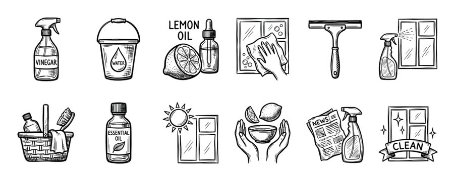 Hand-drawn window cleaning icons set in sketch style showing natural DIY methods with vinegar, lemon, and essential oils for a sparkling clean home, isolated on white background