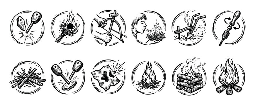 Set of twelve black and white icons showing primitive fire-making methods and ancient tools in a hand-drawn sketch style, illustrating survival and camping skills isolated on white