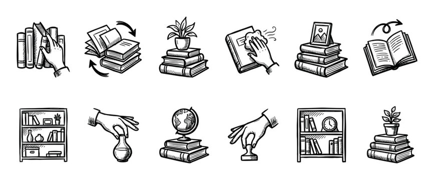 Hand drawn book and library icon set in a doodle sketch style showing reading, studying, and organizing books, isolated on a clean white background for design elements