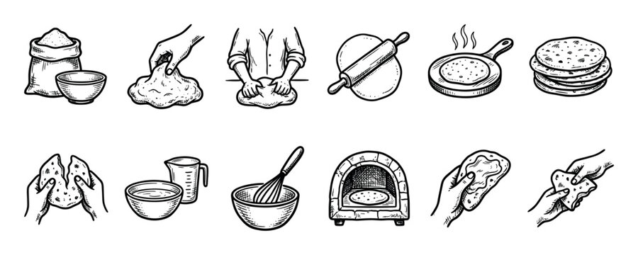 Hand-drawn bread making process icons set showing kneading dough, rolling pin, flour, oven, and flatbread in a vintage sketch style isolated on white
