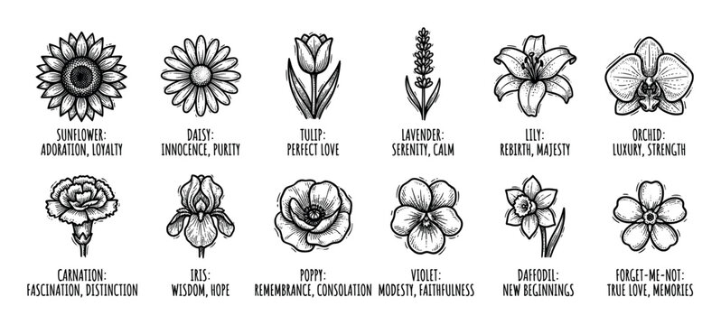 Set of twelve hand-drawn flowers with their symbolic meanings in a black and white sketch illustration style, featuring popular blooms like sunflower, tulip, and orchid, isolated on white