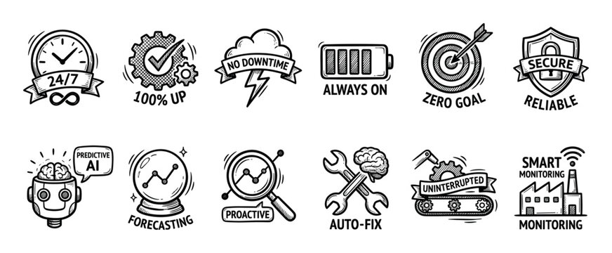 Hand drawn business service quality icon set in a black and white doodle style illustrating reliability, uptime, security, proactive monitoring, and predictive AI, isolated on white