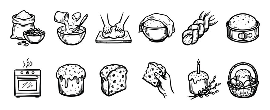Hand-drawn baking icons set illustrating the process of making traditional Easter bread, from mixing ingredients and kneading dough to baking the final cake, isolated on a white background