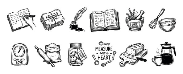 Fototapeta premium Set of hand drawn cooking illustrations featuring a cookbook, kitchen utensils, baking ingredients, and recipe writing elements in a vintage monochrome sketch style, isolated on a white background