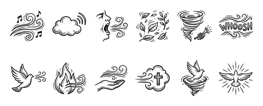 Set of hand drawn Christian spiritual icons representing the holy spirit with wind, breath, fire, dove, and cross symbols in a vintage black and white doodle style on a white background
