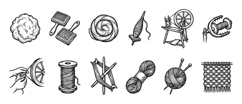 Vintage yarn spinning and knitting process icons in a hand-drawn woodcut style, showing raw wool, carders, a spinning wheel, spindle, and a ball of yarn with needles isolated on white