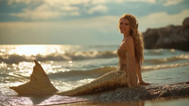 beautiful mermaid with golden tail sits on the seashore