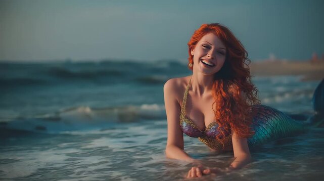 beautiful mermaid with golden tail sits on the seashore