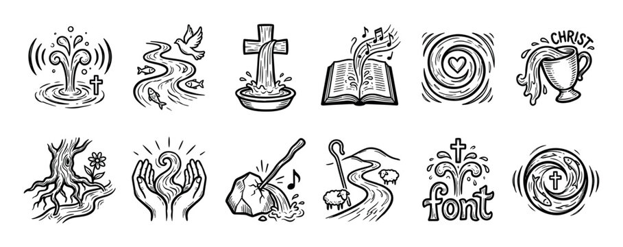 Set of hand-drawn Christian icons illustrating the concept of living water with symbols like the cross, fish, dove, and bible in a black and white sketch style, isolated on white