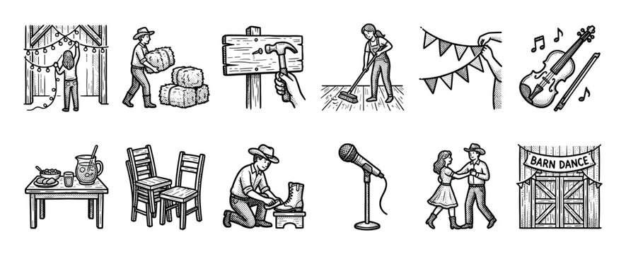 Set of vintage barn dance illustrations showing people preparing for and enjoying a rustic country party, drawn in a classic woodcut style and isolated on a white background