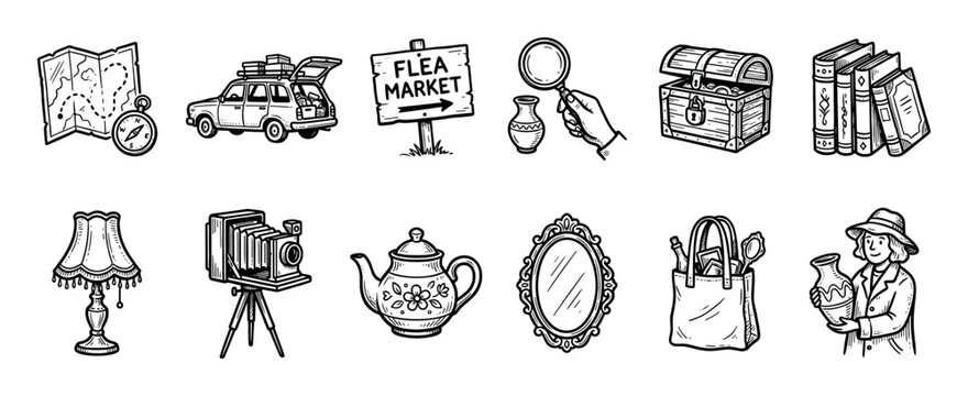 Hand-drawn flea market icon set with vintage objects like a camera, car, map, and teapot in a black and white doodle style isolated on a white background
