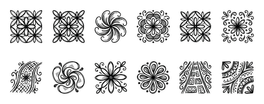 Set of twelve hand drawn decorative elements with floral and geometric patterns in a doodle style, a collection of abstract zentangle ornaments isolated on a white background