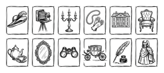 Set of twelve hand-drawn vintage icons featuring antique objects like a camera, carriage, and dress in a black and white sketch style, isolated on a white background for design