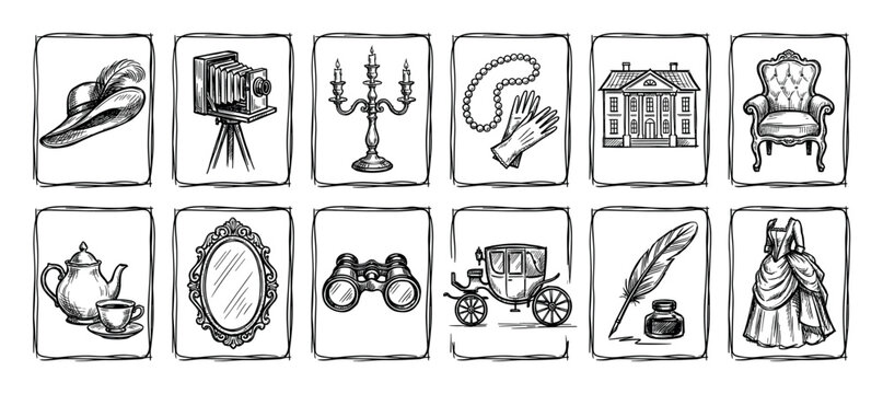 Set of twelve hand-drawn vintage icons featuring antique objects like a camera, carriage, and dress in a black and white sketch style, isolated on a white background for design