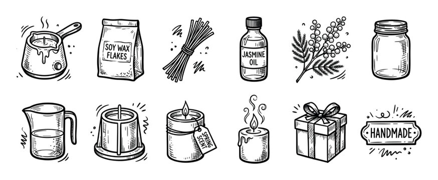 Hand drawn candle making supplies icons set showing wax flakes, melting pot, essential oil, wicks, and finished candles in a black and white sketch style isolated on white