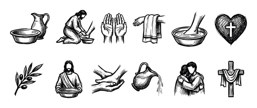 Set of hand-drawn religious icons illustrating biblical themes of service and humility, with foot washing, a cross, an olive branch, and a heart, in a black ink sketch style isolated on white