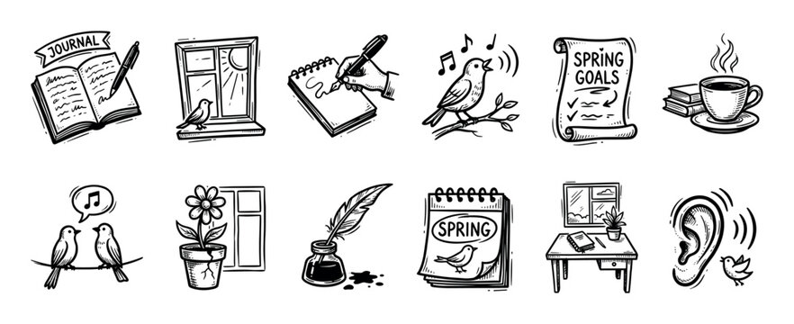 Hand-drawn black and white doodle icon set featuring spring themes like journaling, singing birds, morning coffee, and goal setting, all rendered in a charming sketch style on a white background