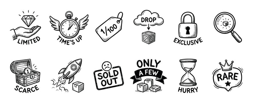 Set of hand-drawn scarcity marketing icons representing concepts like limited, exclusive, rare, and sold out, illustrated in a black and white doodle style isolated on white