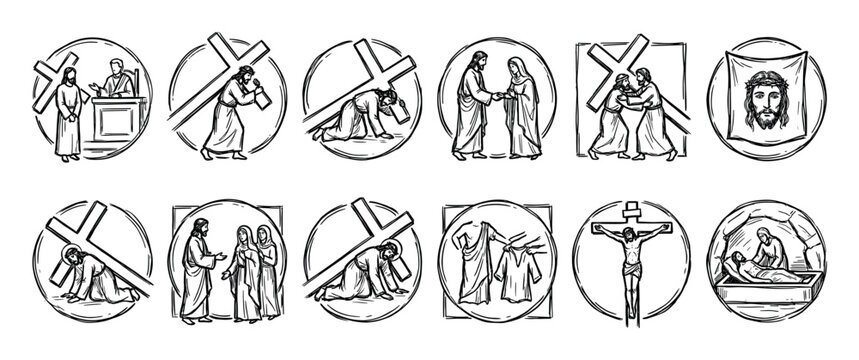 Hand-drawn Stations of the Cross icon set depicting the passion of Jesus Christ, from condemnation to burial, in a minimalist black and white line art style on a white background