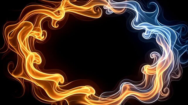 Cascading forth in a whirlwind, a Smoke Border Frame swirling with soft golden wisps captivates, surrounded by luminous trails of electric blue and warm amber that weave in and out, creating