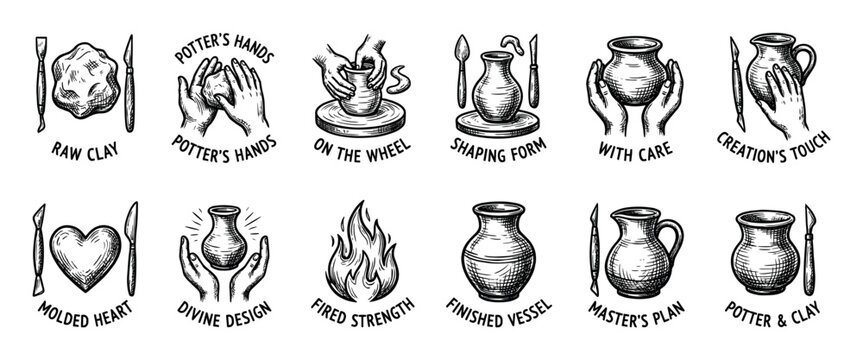 Set of twelve hand-drawn icons illustrating the pottery making process from raw clay to finished vessel in a vintage sketch style isolated on a white background