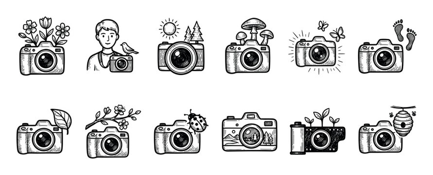 Hand-drawn doodle camera icon set with various nature and outdoor themes like flowers, mushrooms, and landscapes, illustrating the concept of nature photography isolated on white