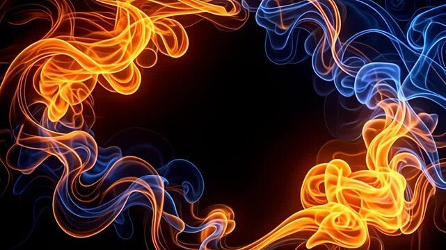 The Smoke Border Frame swirling with soft golden wisps reveals a spectacular burst of fiery orange and deep sapphire streams, swirling and twirling gracefully around the edges, creating a