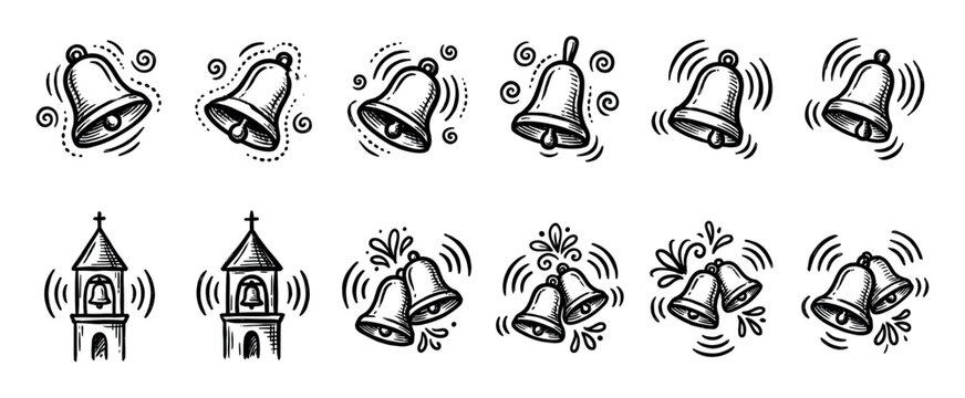Set of hand-drawn ringing bell icons and church tower illustrations in a black and white doodle style, perfect for holiday or wedding designs, isolated on a white background