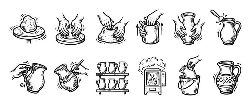 Hand-drawn pottery making process icon set showing the steps of creating ceramics from clay on a wheel to firing in a kiln, in a vintage doodle sketch style isolated on white