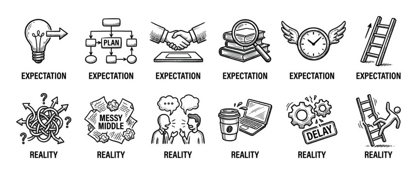 Hand-drawn doodle icons comparing expectation versus reality, illustrating idealized business plans and quick success against the messy middle, project delays, and chaotic problems