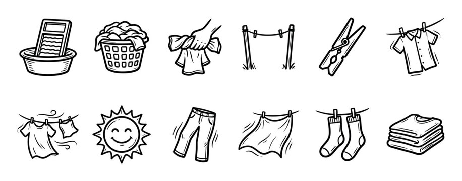 Set of laundry and washing icons in a hand-drawn doodle style featuring a washboard, basket, clothesline, sun, and folded clothes, isolated on a white background
