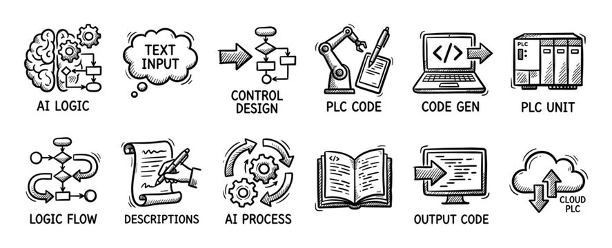 Set of hand-drawn doodle icons for PLC programming and AI logic, illustrating concepts like code generation, automation, and cloud computing, isolated on a white background