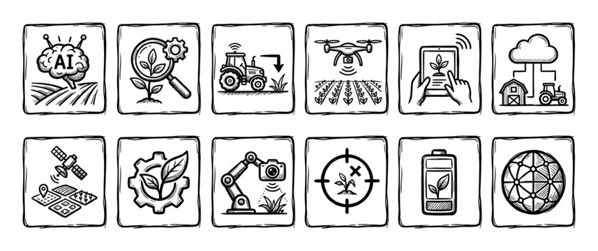 Smart farming technology icon set hand-drawn in a black sketch style illustrating concepts like AI, drones, and automation, isolated on a white background
