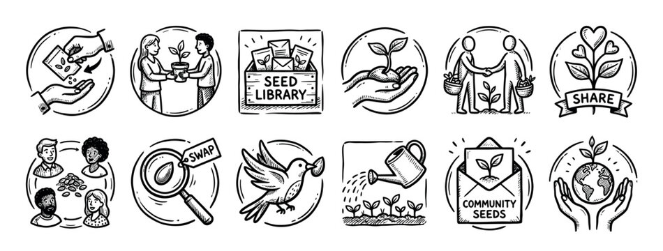 Hand-drawn seed sharing and community gardening icons set in a black and white doodle style, illustrating concepts of swapping, planting, sustainability, and ecology isolated on white
