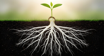 Vibrant green plant sprout growing from soil with extensive root system