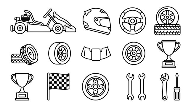 Go kart racing outline icon set vector illustration featuring protective helmet steering wheel tires winner trophy checkered flag wrench screwdriver motorsport equipment line design
