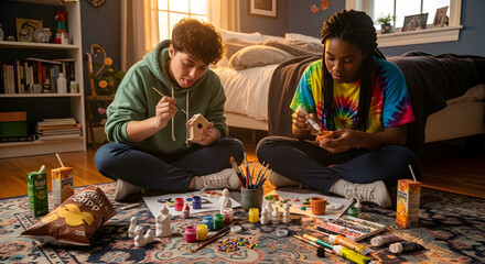 Two young people sitting on a rug in a cozy bedroom while painting small wooden houses and clay pots with various art supplies and snacks around them