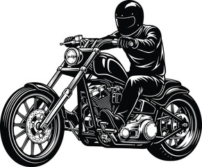 Monochrome illustration of a helmeted biker riding a classic custom chopper motorcycle with high handlebars. © Vhya