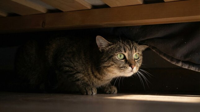 Cat hiding quietly under the bed frame while the room stays still