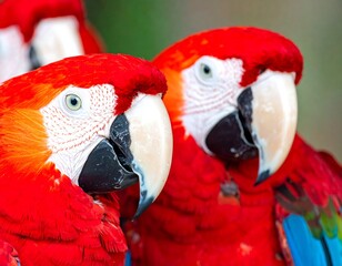 Fototapeta premium A vibrant close-up of two red parrots with distinctive beaks