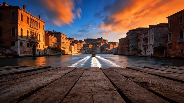 Sunset canal with boat passing historic buildings and wooden platform